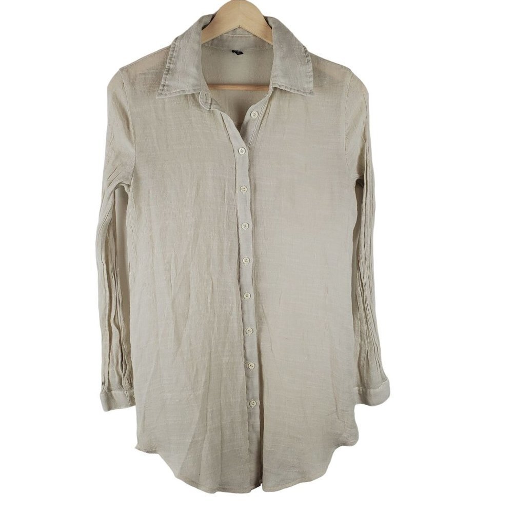 PrettyLittleThing Shirt Womens 0‎ Gauzy Oatmeal Button up Blouse Tunic Coastal